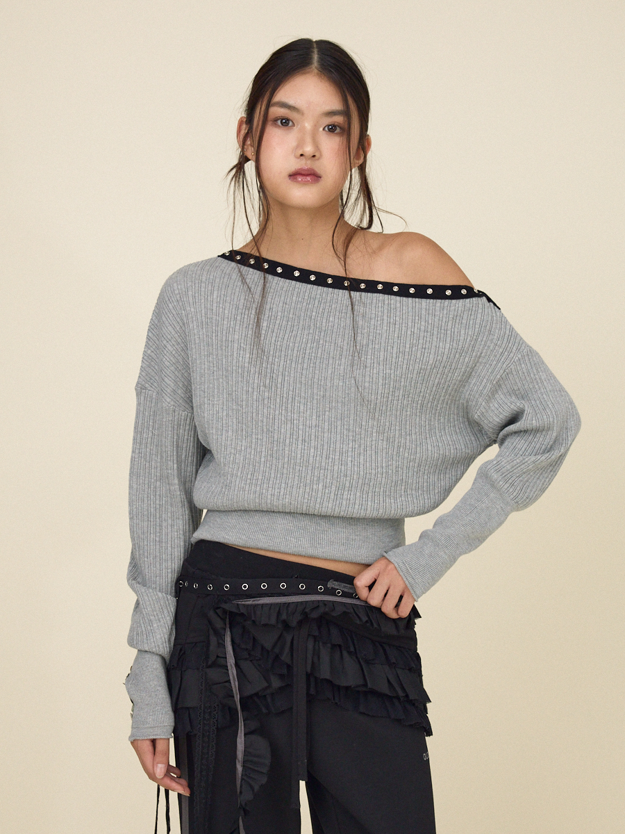 MUSINSA | GLOWNY ASYMMETRIC EYELET KNIT TOP (MELANGE GRAY)